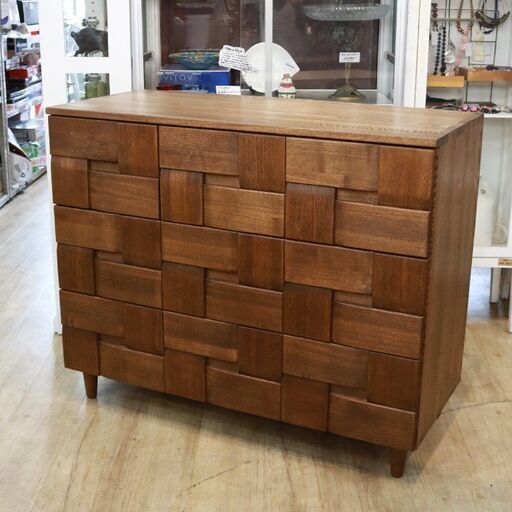 R147)【美品】木製 3段チェスト 5杯 足つき W105 D45 H86cm 収納 タンス