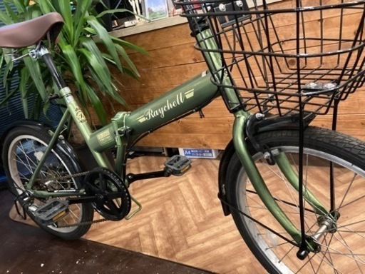 【6段変速】カゴ付き20インチ折りたたみ自転車　グリーン