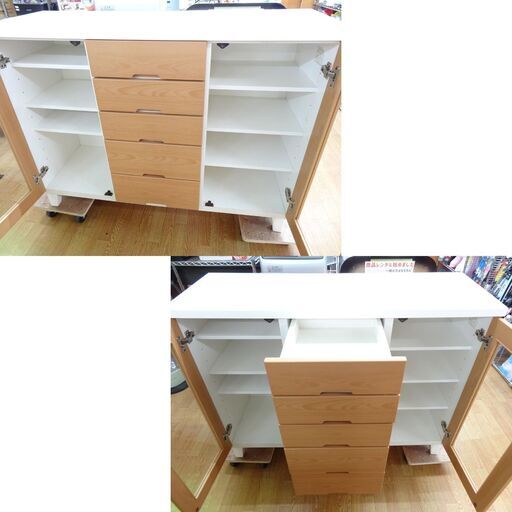 サイドボード 幅120×奥行き42×高さ90㎝ ブラウン×ホワイト キャビネット 食器棚 収納家具 西岡店