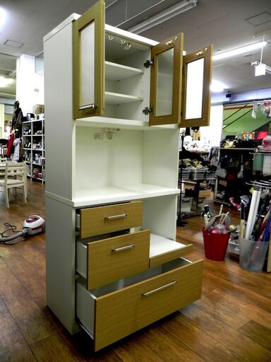 レンジボード ブラウン系×ホワイト 幅89×奥42×高180cm 食器棚 キッチン 収納 家具 札幌市 厚別区