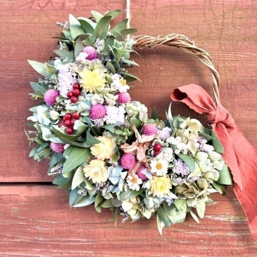 ユーカリと紫陽花と花々のリース　pmj