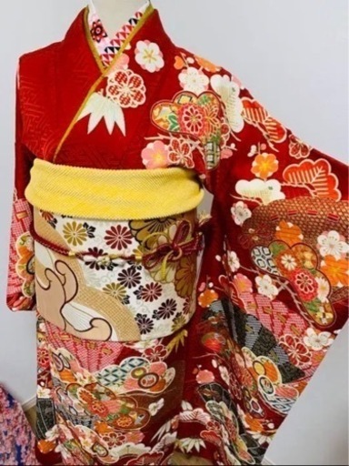 振袖　フルセット駒刺繍　扇面松竹梅　金彩