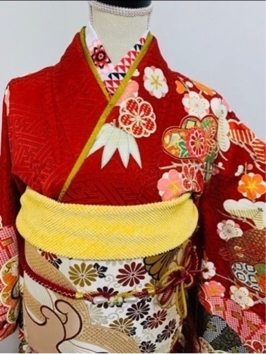 振袖　フルセット駒刺繍　扇面松竹梅　金彩