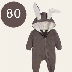 うさぎ 耳付き フード ロンパース カバーオール 80サイズ ブラウンの画像