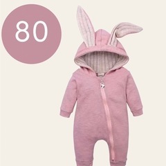 うさぎ 耳付き フード ロンパース カバーオール 80サイズ くすみピンクの画像