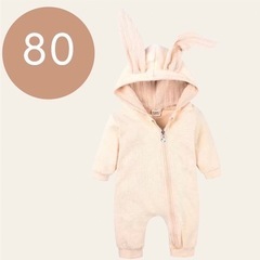 うさぎ 耳付き フード ロンパース カバーオール 80サイズ クリームの画像