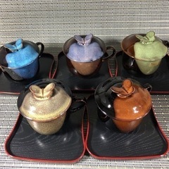 茶碗蒸し 5客セット　新品　ミニトレー・スプーン付き　祥鳳窯