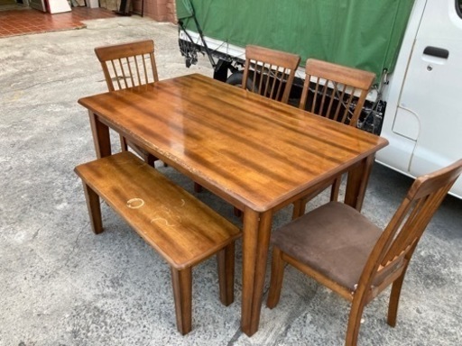 ダイニングテーブルセット　6人掛け　ベンチシート　イス4脚　ブラウン　分解済　　No1055