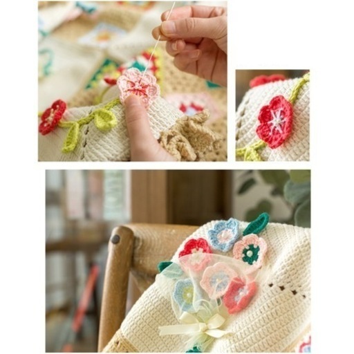 花柄 手編み毛布 ハンドメイド品