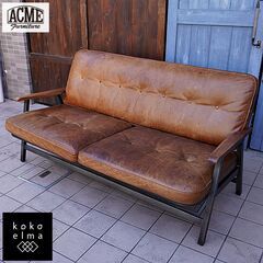 ACME FURNITURE(アクメファニチャー)のエイジング加工したオーク無垢材にスチールを合わせたGRANDVIEW(グランドビュー) オイルレザー 2人掛けソファ。ブルックリンスタイルなどに！CL104