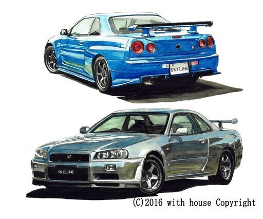 NC-250 スカイラインGT-R R34 限定版画 直筆サイン有 額装済 作家 平右ヱ門