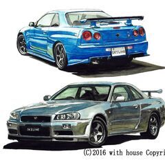 NC-250 スカイラインGT-R R34 限定版画 直筆サイン有 額装済 作家 平右ヱ門