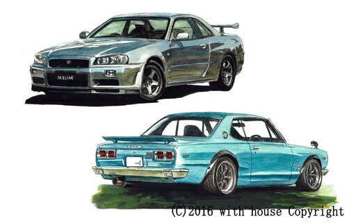 NC-257 スカイラインGT-R R34/ハコスカ 限定版画 直筆サイン有 額装済 作家 平右ヱ門