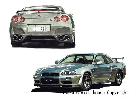 NC-261 スカイラインGT-R R34/R35 限定版画 直筆サイン有 額装済 作家 平右ヱ門