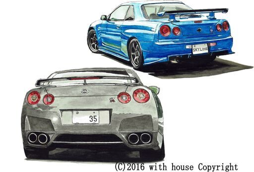 NC-279 スカイラインGT-R R34/R35 限定版画 直筆サイン有 額装済 作家 平右ヱ門