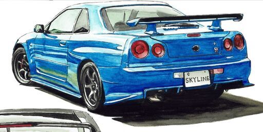 NC-279 スカイラインGT-R R34/R35 限定版画 直筆サイン有 額装済 作家 平右ヱ門