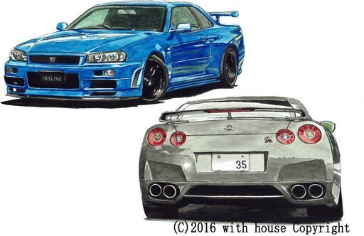 NC-280 スカイラインGT-R R34/R35 限定版画 直筆サイン有 額装済 作家 平右ヱ門