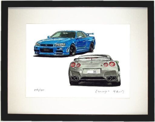 NC-280 スカイラインGT-R R34/R35 限定版画 直筆サイン有 額装済 作家 平右ヱ門