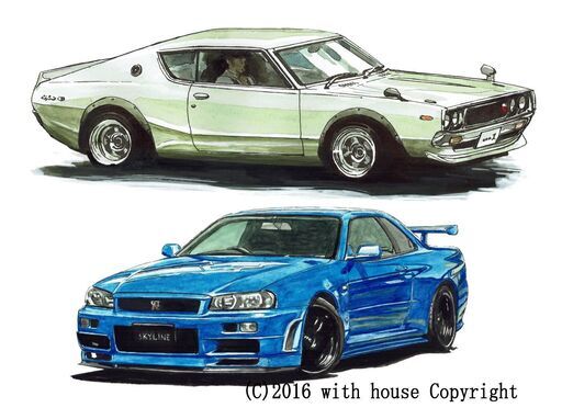 NC-282 スカイラインGT-R R34/ケンメリ 限定版画 直筆サイン有 額装済 作家 平右ヱ門