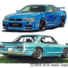 NC-284 スカイラインGT-R R34/ハコスカ 限定版画 直筆サイン有 額装済 作家 平右ヱ門