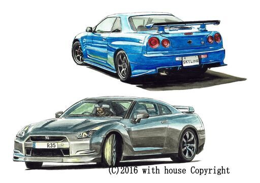 NC-291 スカイラインGT-R R34/R35 限定版画 直筆サイン有 額装済 作家 平右ヱ門