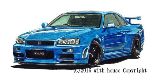 NC-292 スカイラインGT-R R34 限定版画 直筆サイン有 額装済 作家 平右ヱ門