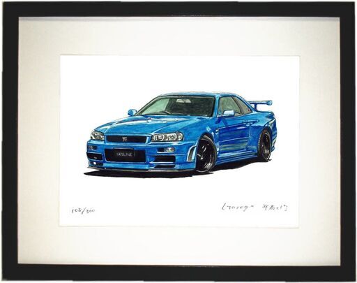 NC-292 スカイラインGT-R R34 限定版画 直筆サイン有 額装済 作家 平右ヱ門