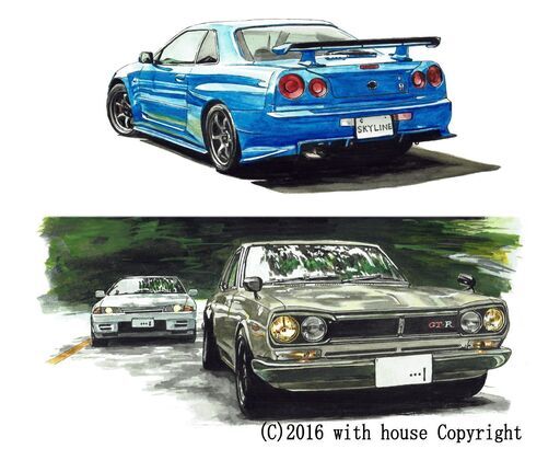 NC-294 スカイラインGT-R R34/ハコスカ 限定版画 直筆サイン有 額装済 作家 平右ヱ門