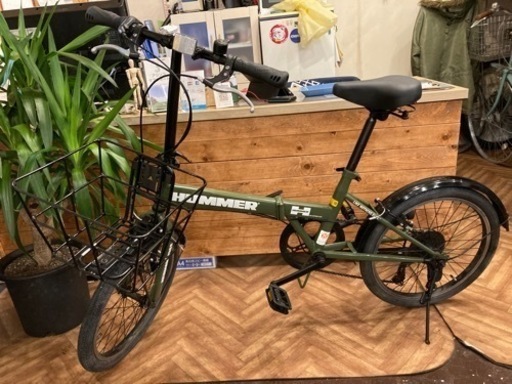 【前後タイヤ新品！HUMMER】カゴ付き　7段変速　20インチ折りたたみ自転車　モスグリーン