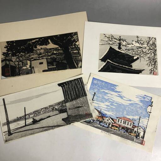 ut5/20　古賀 操 作 木版画 ４点セット 約0号 塔/銚子港/不明/軽井沢 みさお　MISAO KOGA 古賀操 〇