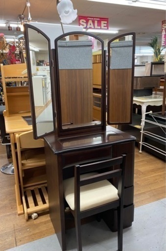 R506 NITORI 三面鏡ドレッサー、椅子・ライト・コンセント付 USED・美品