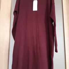 新品☆綿100%Vネックニットワンピース　L　ボルドー