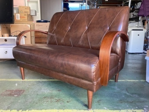 ● ヴィンテージ調2人掛けソファー、合皮、ダークブラウン