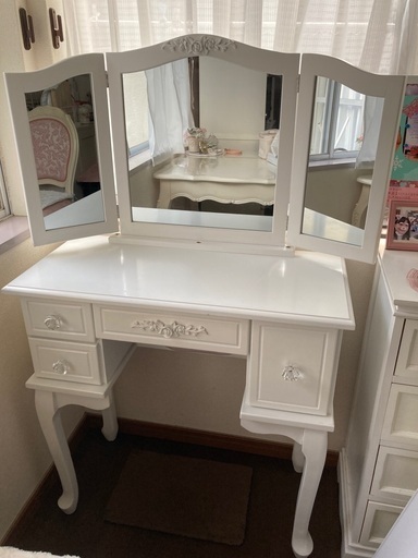 姫系　ドレッサー　鏡台　三面鏡　猫足　ホワイト　薔薇