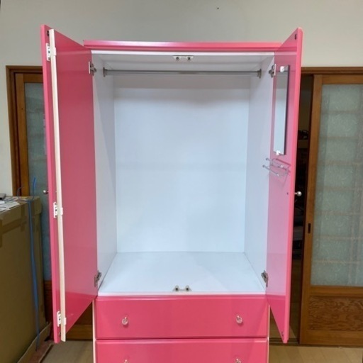 【美品‼️】お洒落♪ 80cm幅ワードローブ 洋服タンス 衣類収納家具 ピンク♪