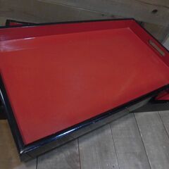 中古／USED　大型賞状盆　２点セット　長方盆　木製　漆塗　漆器　朱塗　キズ剥がれありの画像