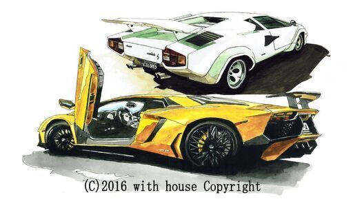 GC-336 ランボルギーニカウンタックLP400S/ランボルギーニアヴェンタドールLP750 限定版画 直筆サイン有 額装済 作家 平右ヱ門