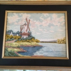 刺繍絵画　絵　絵画　風車小屋　額縁入り　53cm×43cm