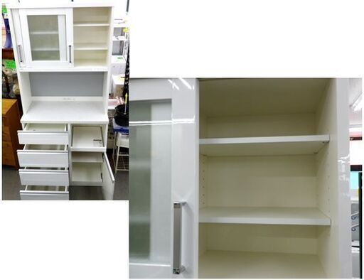 レンジボード 幅90×奥行45×高さ205㎝ ソフトクローズ コンセント3口つき ホワイト キッチン収納 札幌市 西岡店