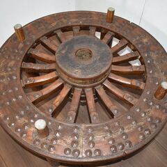 【処4/10】≪y516≫希少 アンティーク/ヴィンテージ/骨董 飾鋲 車輪ガラステーブル 大八車/荷車/牛車 木製 オブジェ 41224-07の画像