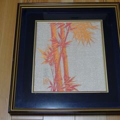 朱竹と鶴　西陣織額　２点セットの画像