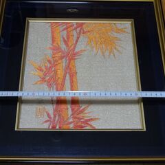 朱竹と鶴　西陣織額　２点セットの画像