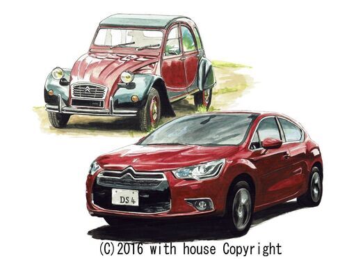 GC-353 シトロエン2CV/DS4 限定版画 直筆サイン有 額装済 作家 平右ヱ門