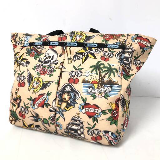 KG8/85　即決 保管品 Le Sportsac ハンドバッグ ハワイ ドクロ スカル レスポートサック ベージュ 黒 マルチ ナイロン 中古〇