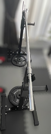 【値下げ】1/8まで！バーベルスタンド＋IROTEC 160cmバーベルシャフト＋IROTECアイアンプレート 10kg x 2 デッ