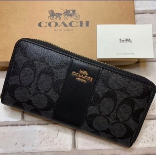 COACH  コーチ　ブラック　グレー　シグネチャー　ストライプ　ラウンドファスナー