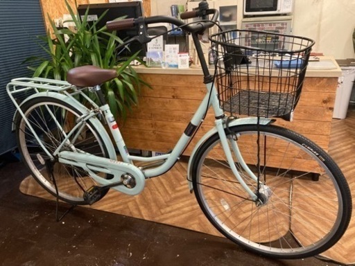 【前輪タイヤ新品！】LEDオートライト　26インチ自転車　エメラルドグリーン