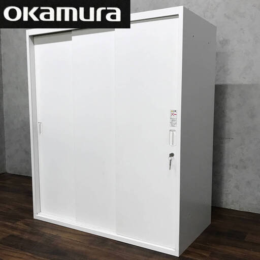 KI15/14　OKAMURA オカムラ 3枚引き違い書庫 3段 鍵付き 2019年製 スライド書庫 キャビネット レクトライン オフィス家具 スライド扉