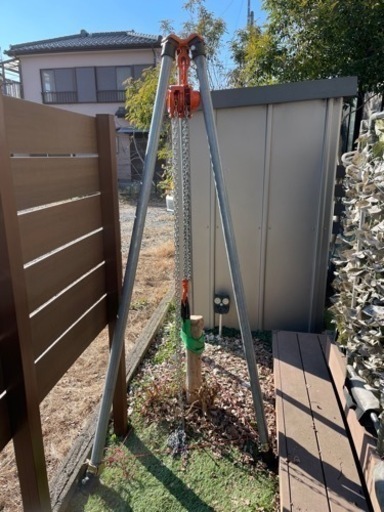 【抜根】チェーンブロック荷重１ｔ＋単管３本＋三脚ヘッド＋スリングセット