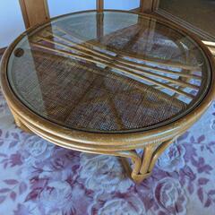 籐　テーブル　ガラス